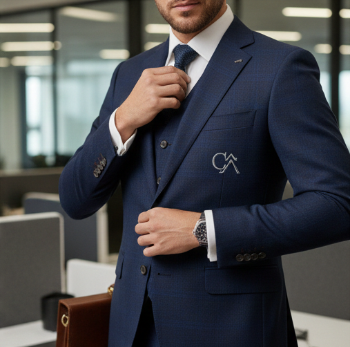 Businessman wearing tailored navy three-piece suit